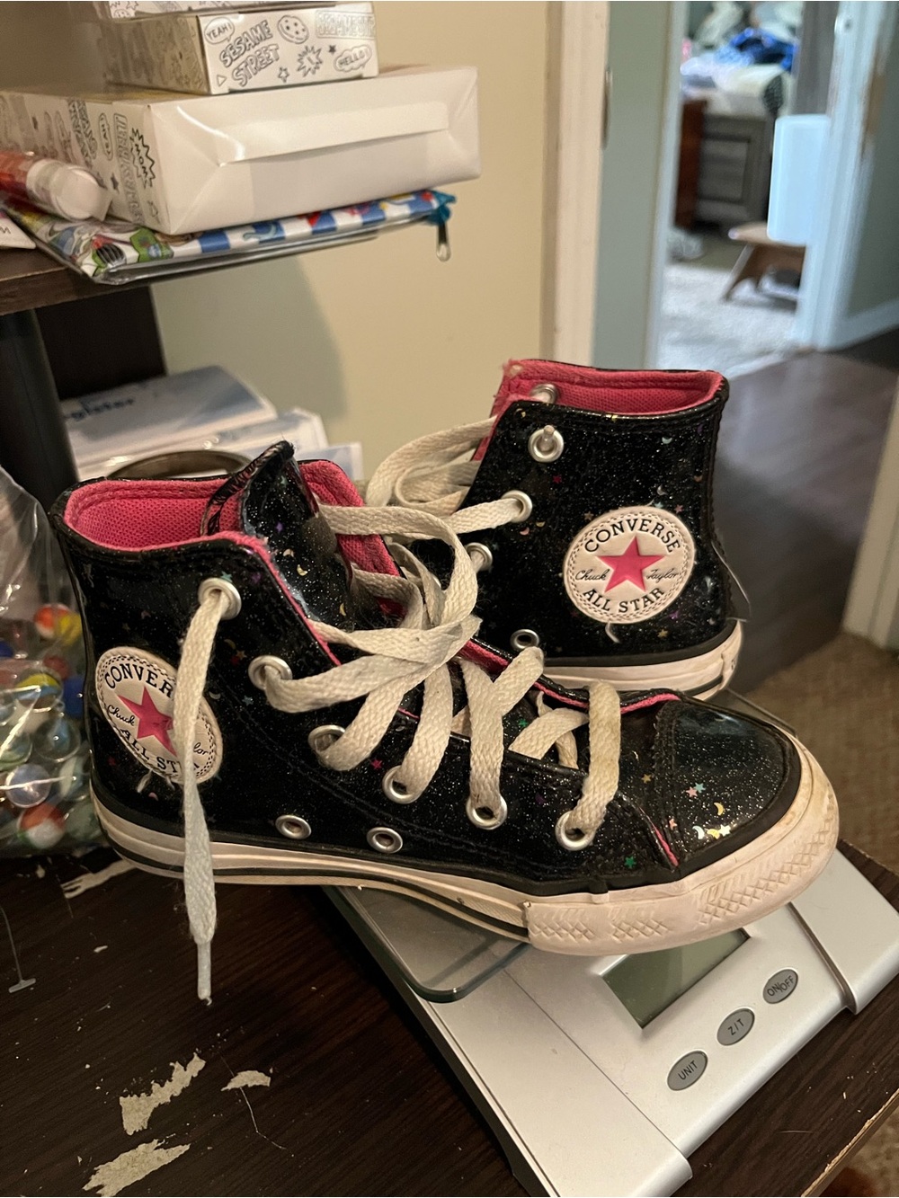 Converse girls black  Glitter High Top Sneakers with Pink Accents size 11